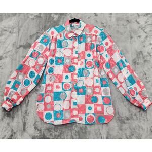 Vintage 80s All Hours Silky Brocade Geometric Print Top Size M Pink Blue White